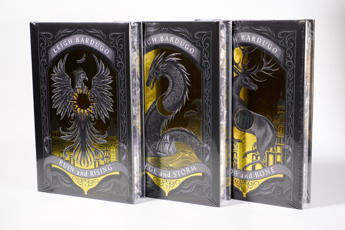 Front covers of the LitJoy editions of Shadow and Bone, Siege and Storm, and Ruin and Rising