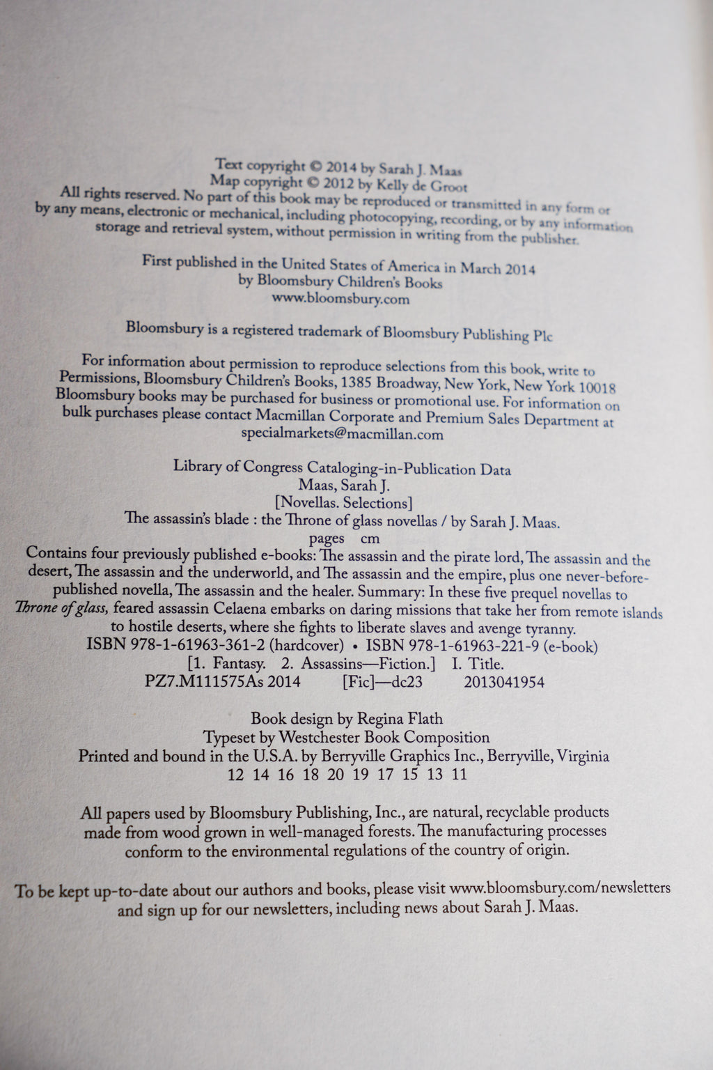 The Assassin's Blade copyright and printing page from the 2018 Throne of Glass hardcover box set