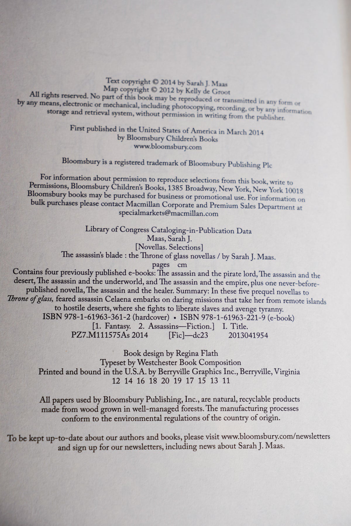 The Assassin's Blade copyright and printing page from the 2018 Throne of Glass hardcover box set