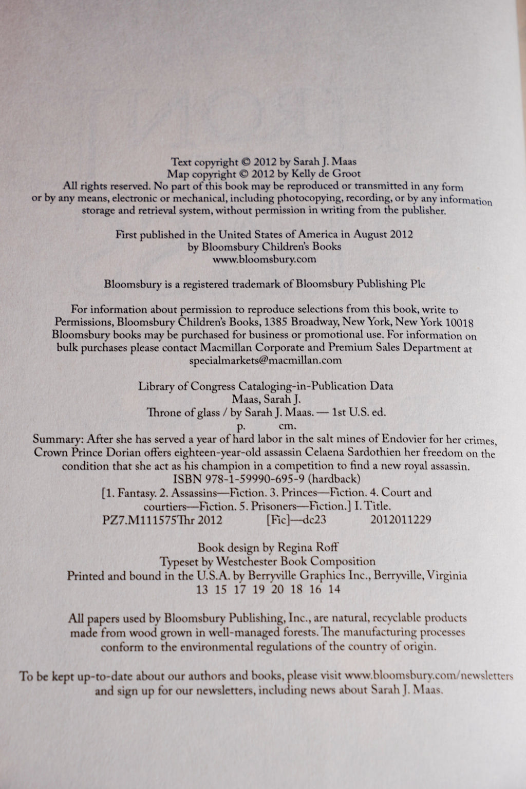 Throne of Glass copyright and printing page from the 2018 Throne of Glass hardcover box set