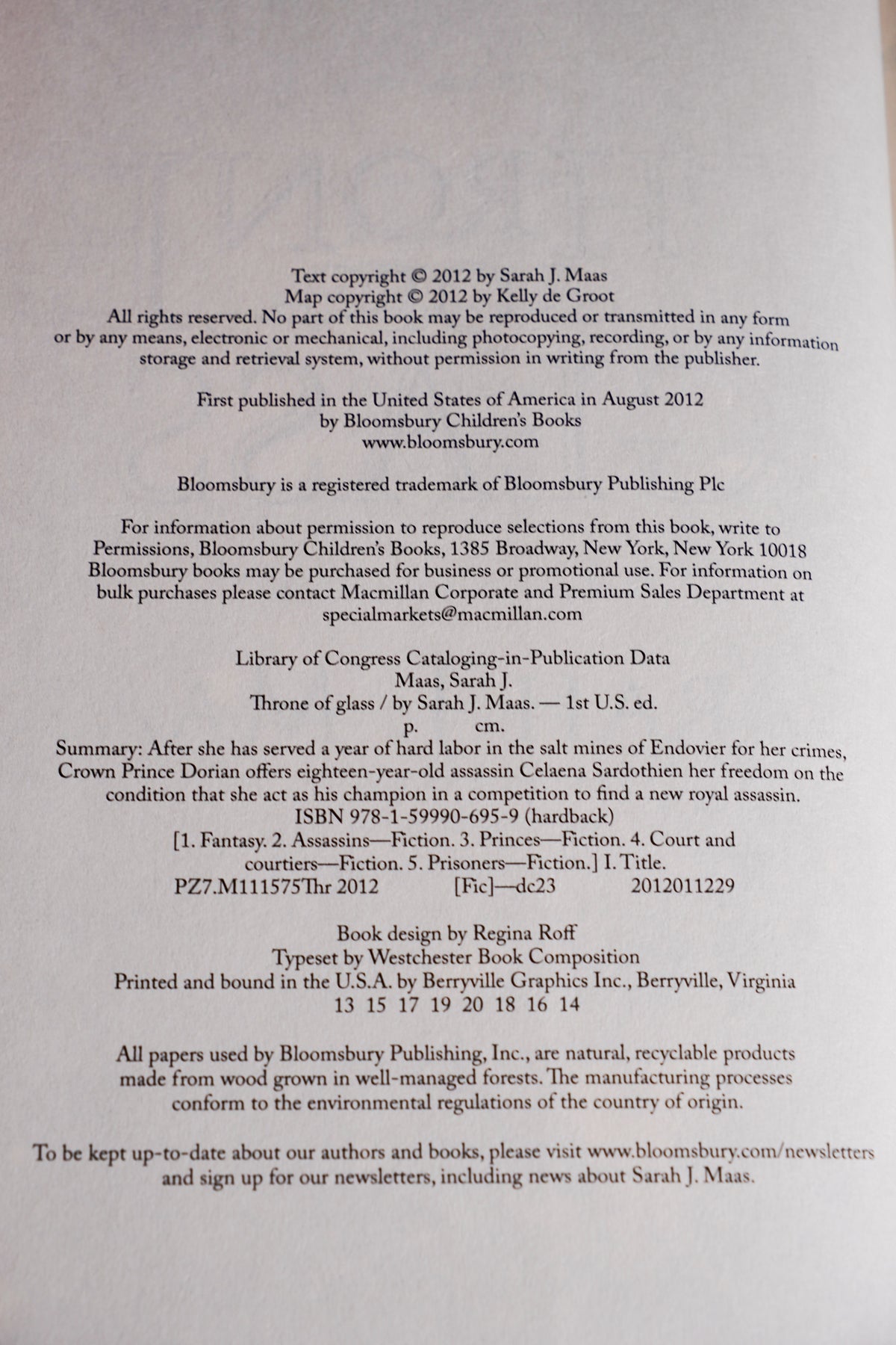 Throne of Glass copyright and printing page from the 2018 Throne of Glass hardcover box set