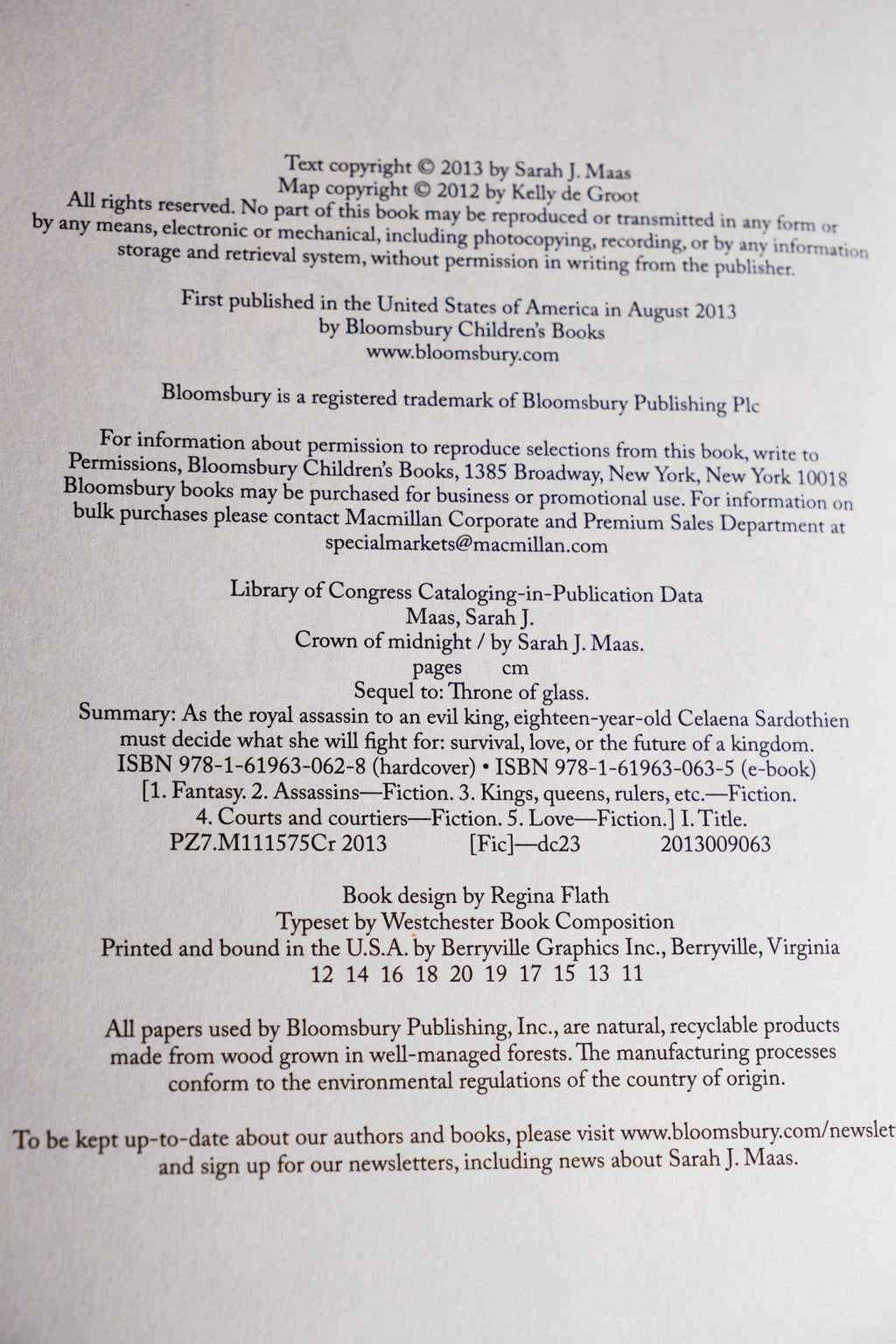 Crown of Midnight copyright and printing page from the 2018 Throne of Glass hardcover box set