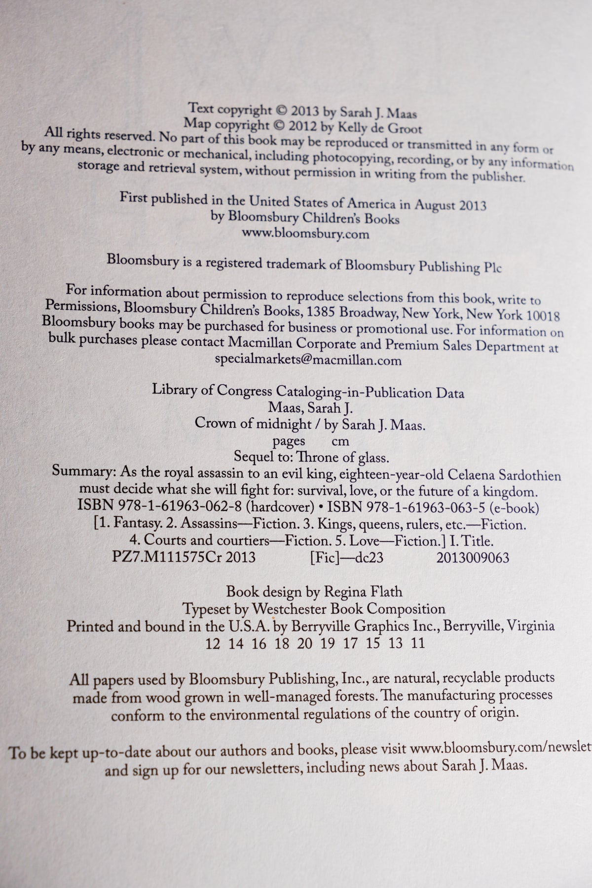 Crown of Midnight copyright and printing page from the 2018 Throne of Glass hardcover box set