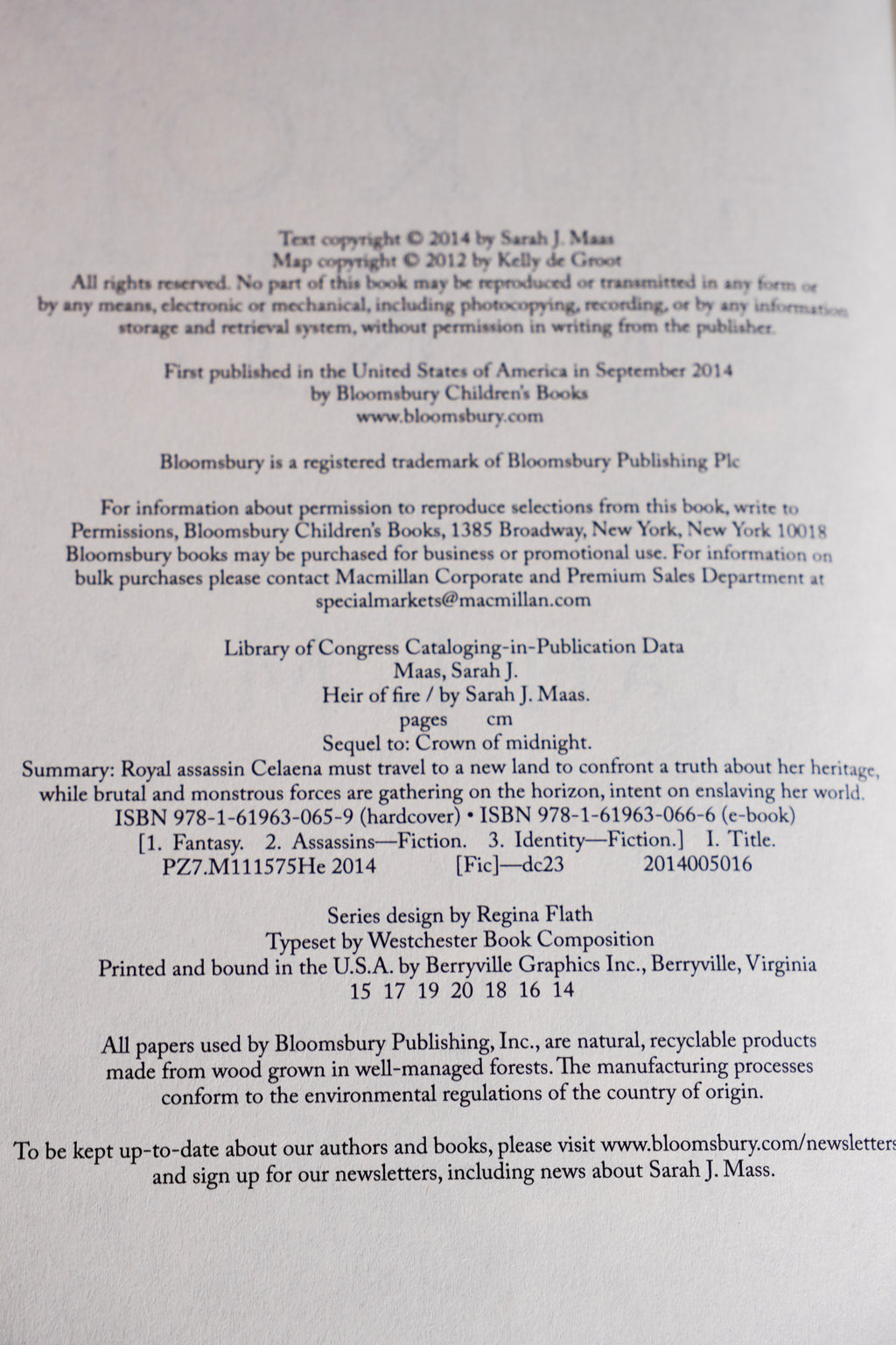 Heir of Fire copyright and printing page from the 2018 Throne of Glass hardcover box set