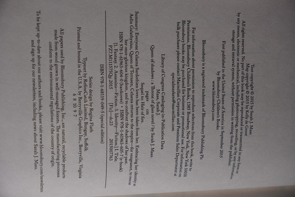 Queen of Shadows copyright and printing page from the 2018 Throne of Glass hardcover box set