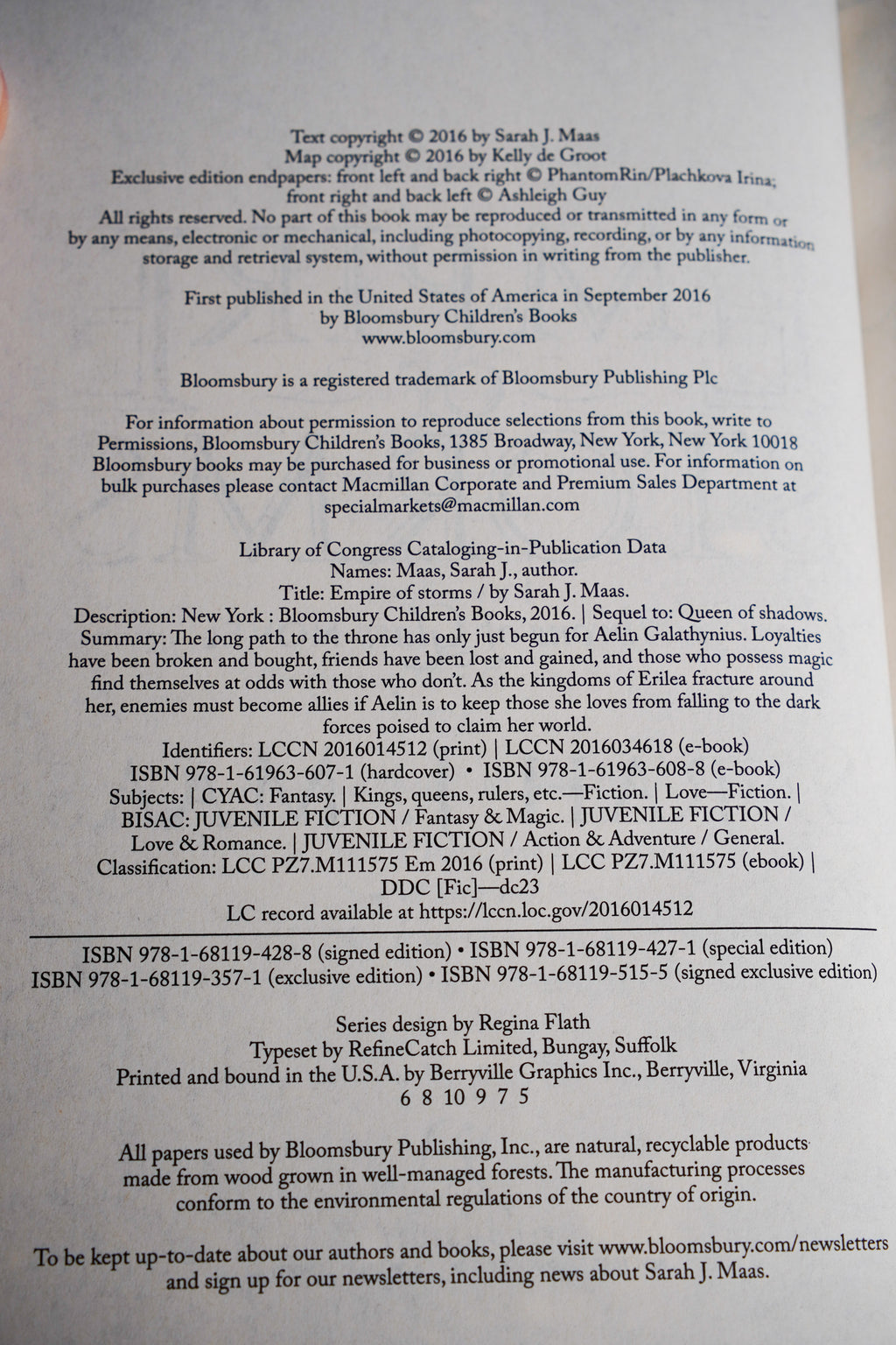 Empire of Storms copyright and printing page from the 2018 Throne of Glass hardcover box set