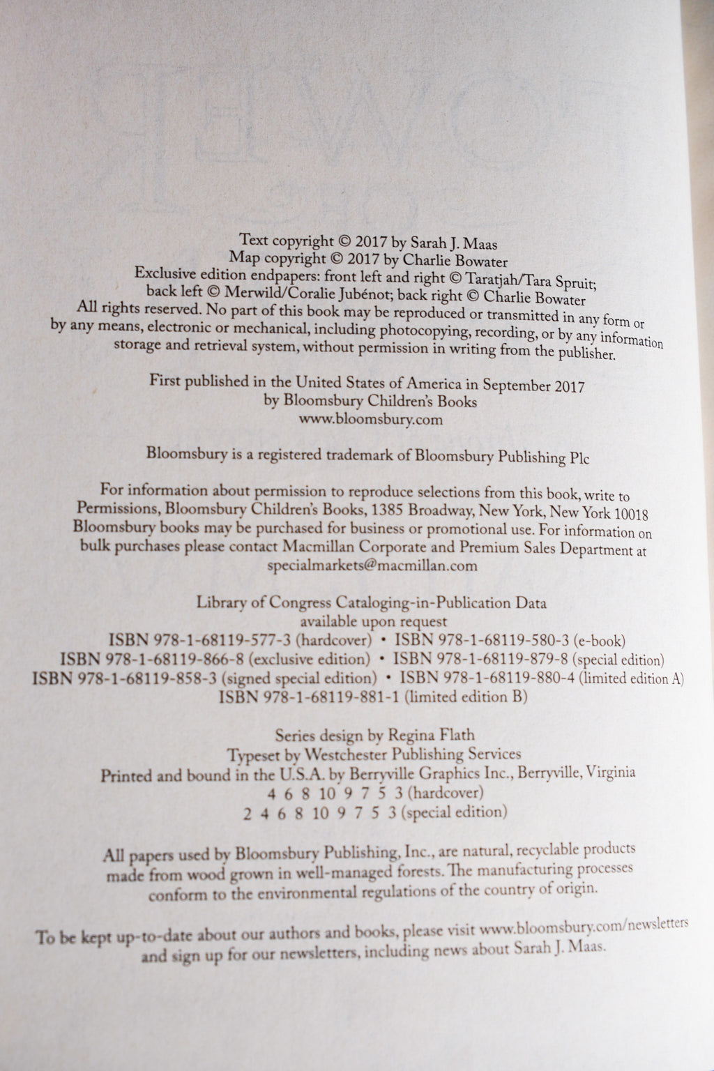 Tower of Dawn copyright and printing page from the 2018 Throne of Glass hardcover box set