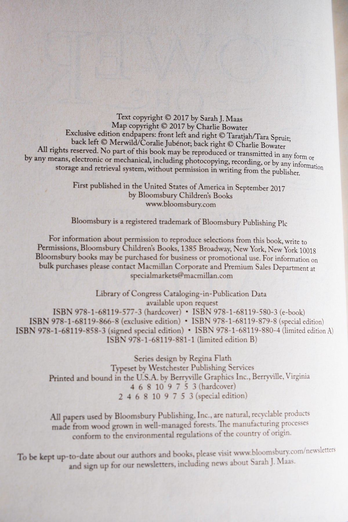 Tower of Dawn copyright and printing page from the 2018 Throne of Glass hardcover box set