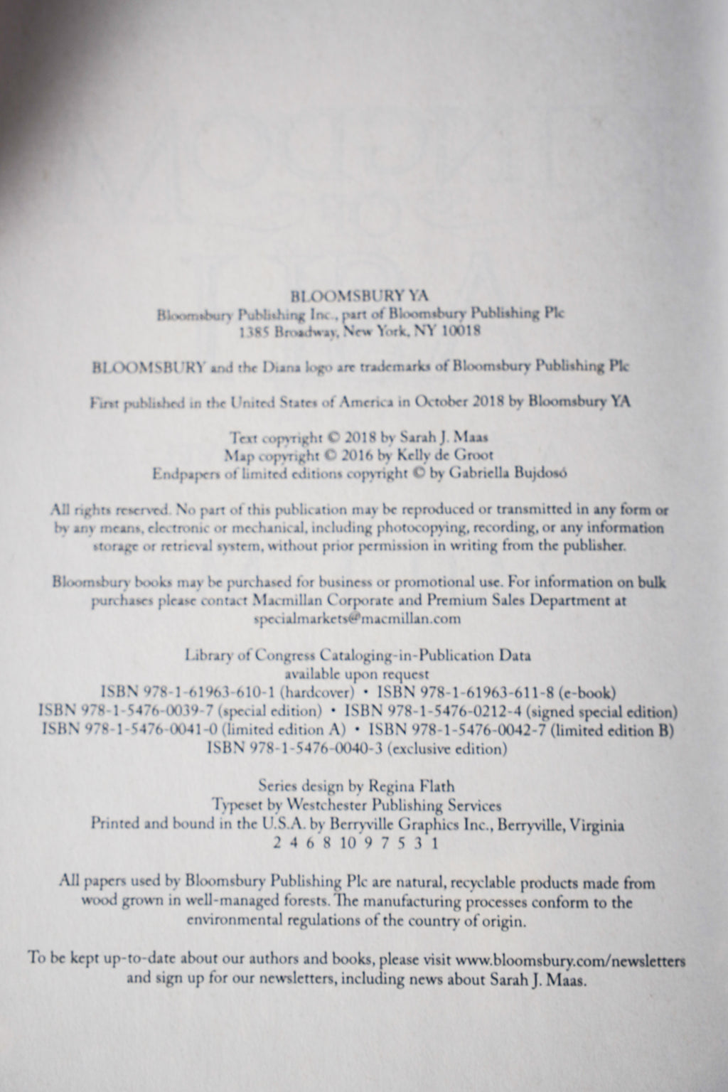 Kingdom of Ash copyright and printing page from the 2018 Throne of Glass hardcover box set