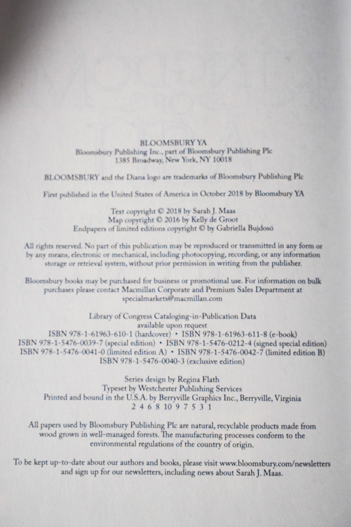 Kingdom of Ash copyright and printing page from the 2018 Throne of Glass hardcover box set