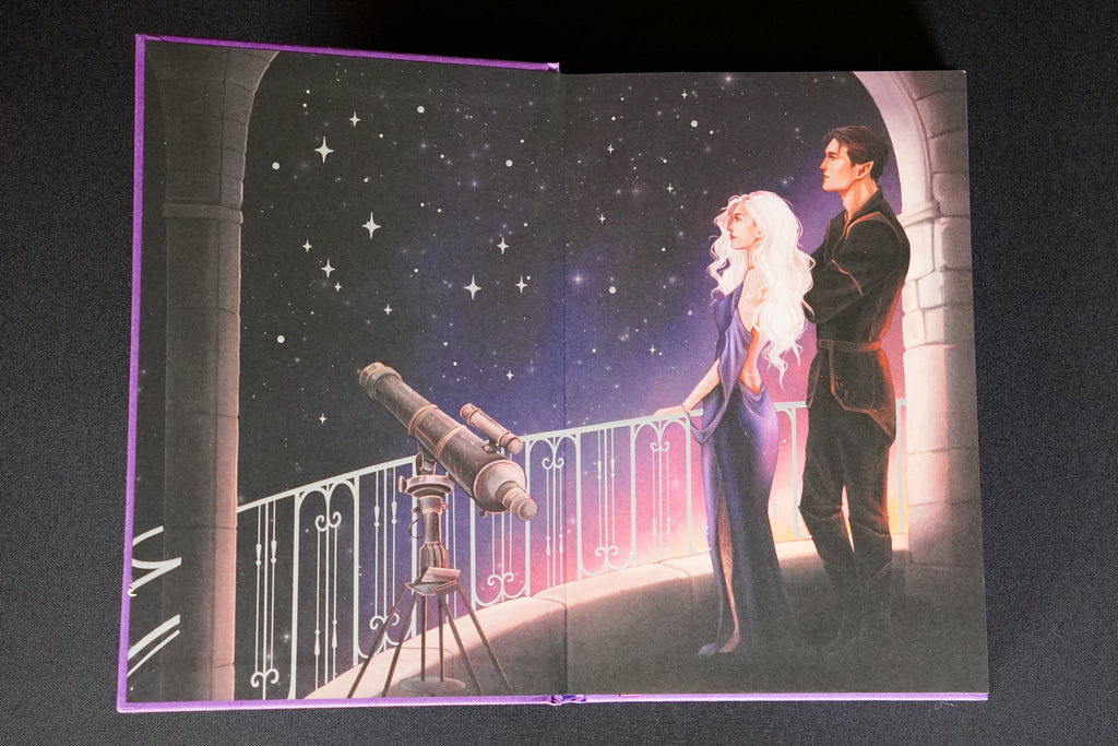 Nytefall OwlCrate edition illustrated endpapers with telescope scene