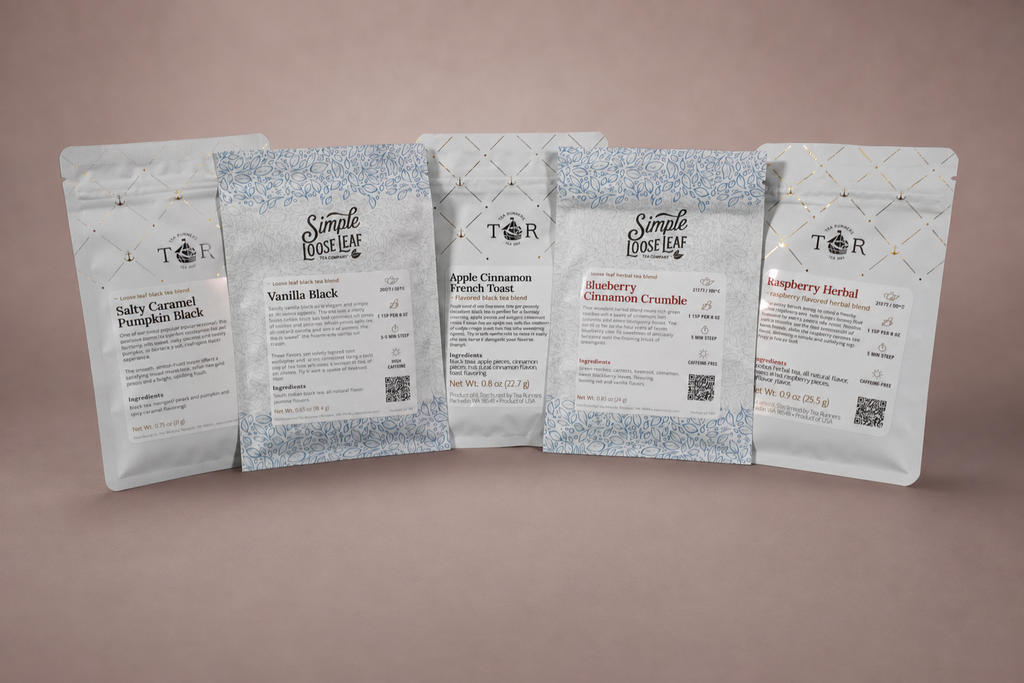 Five Tea Runners loose-leaf tea packets on a soft muted-plum backdrop; example tea selections for the Blind Date Full Experience upgrade.