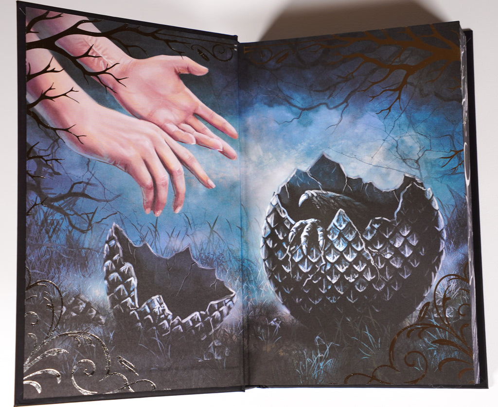 Anathema LitHaven illustrated endpapers with hands and hatched eggs