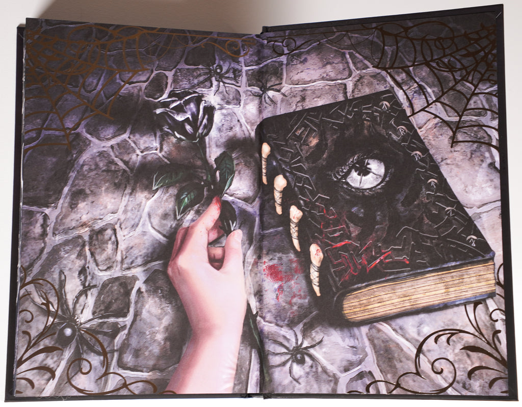 Anathema LitHaven illustrated endpapers with black rose and book