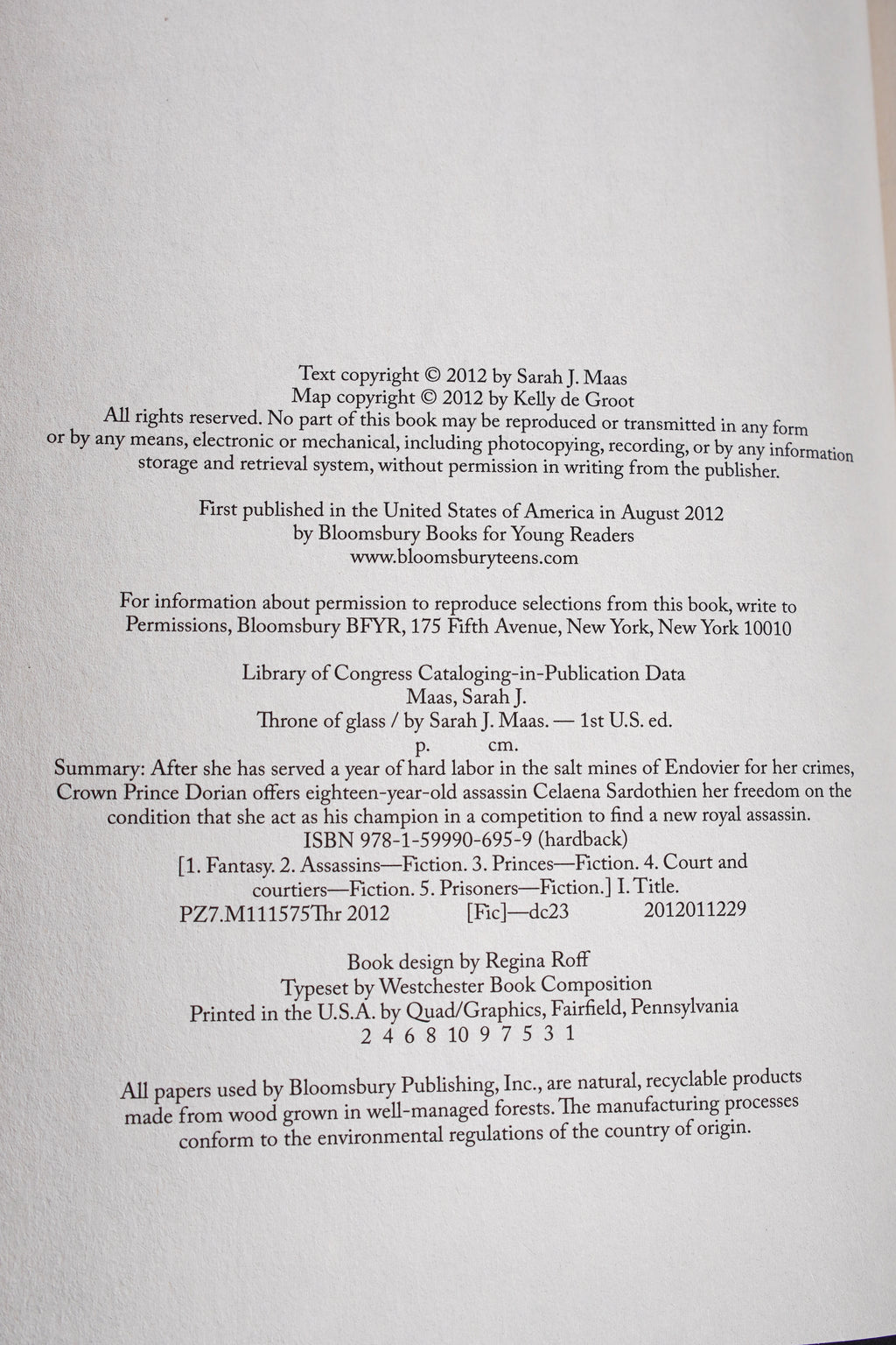 Throne of Glass copyright page with complete first-printing number line