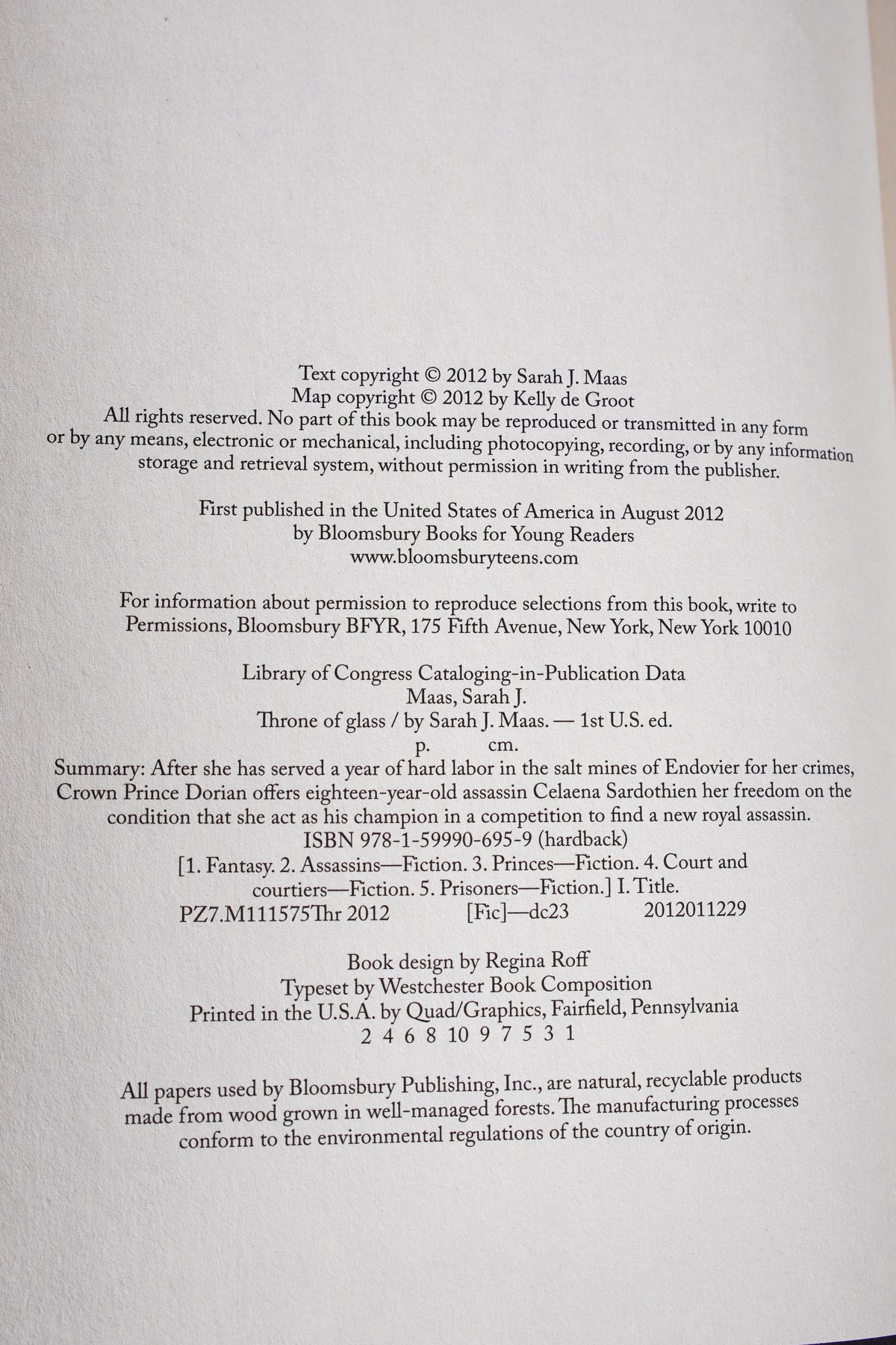 Throne of Glass copyright page with complete first-printing number line