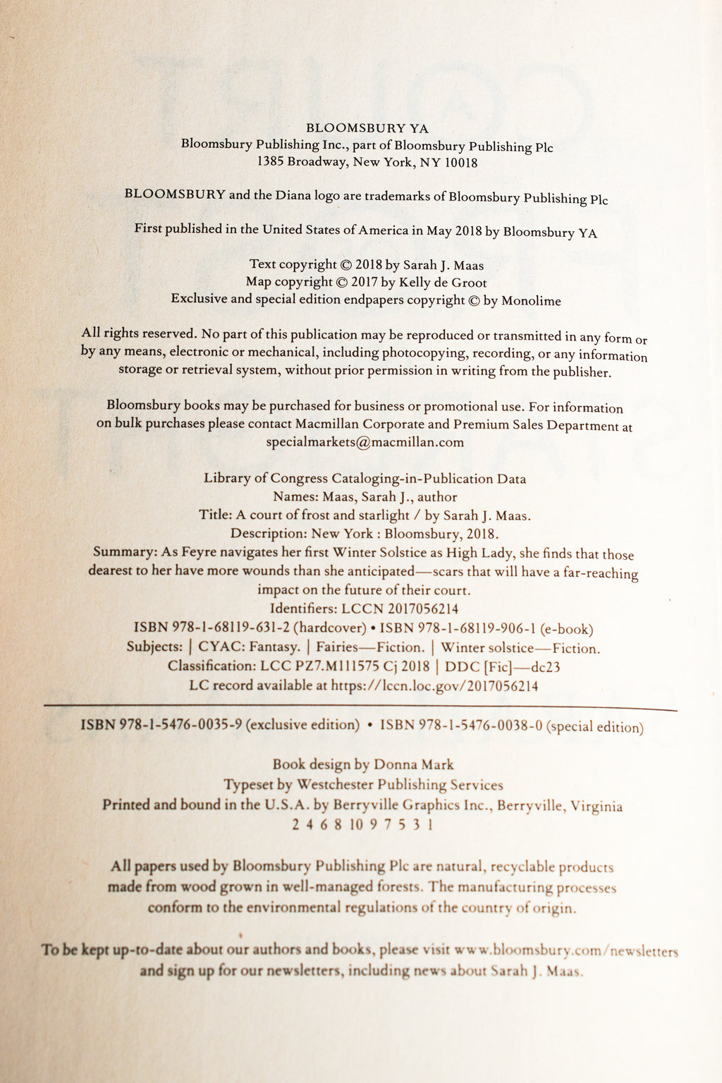 A Court of Frost and Starlight copyright page with complete first-printing number line