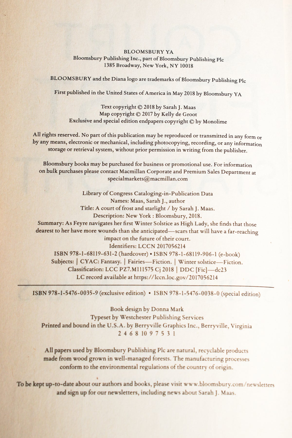A Court of Frost and Starlight copyright page with complete first-printing number line
