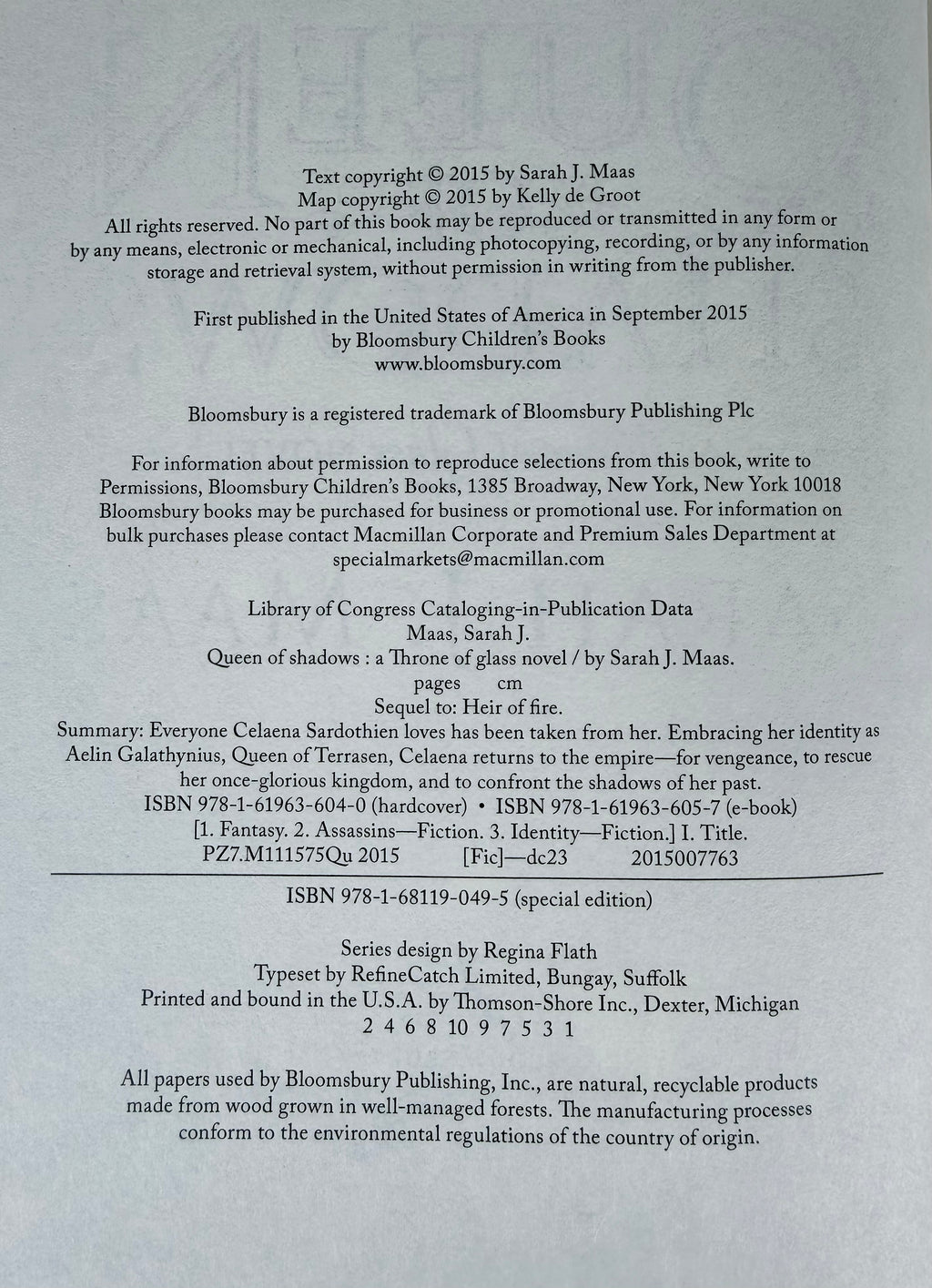 Queen of Shadows first U.S. edition first-printing copyright page
