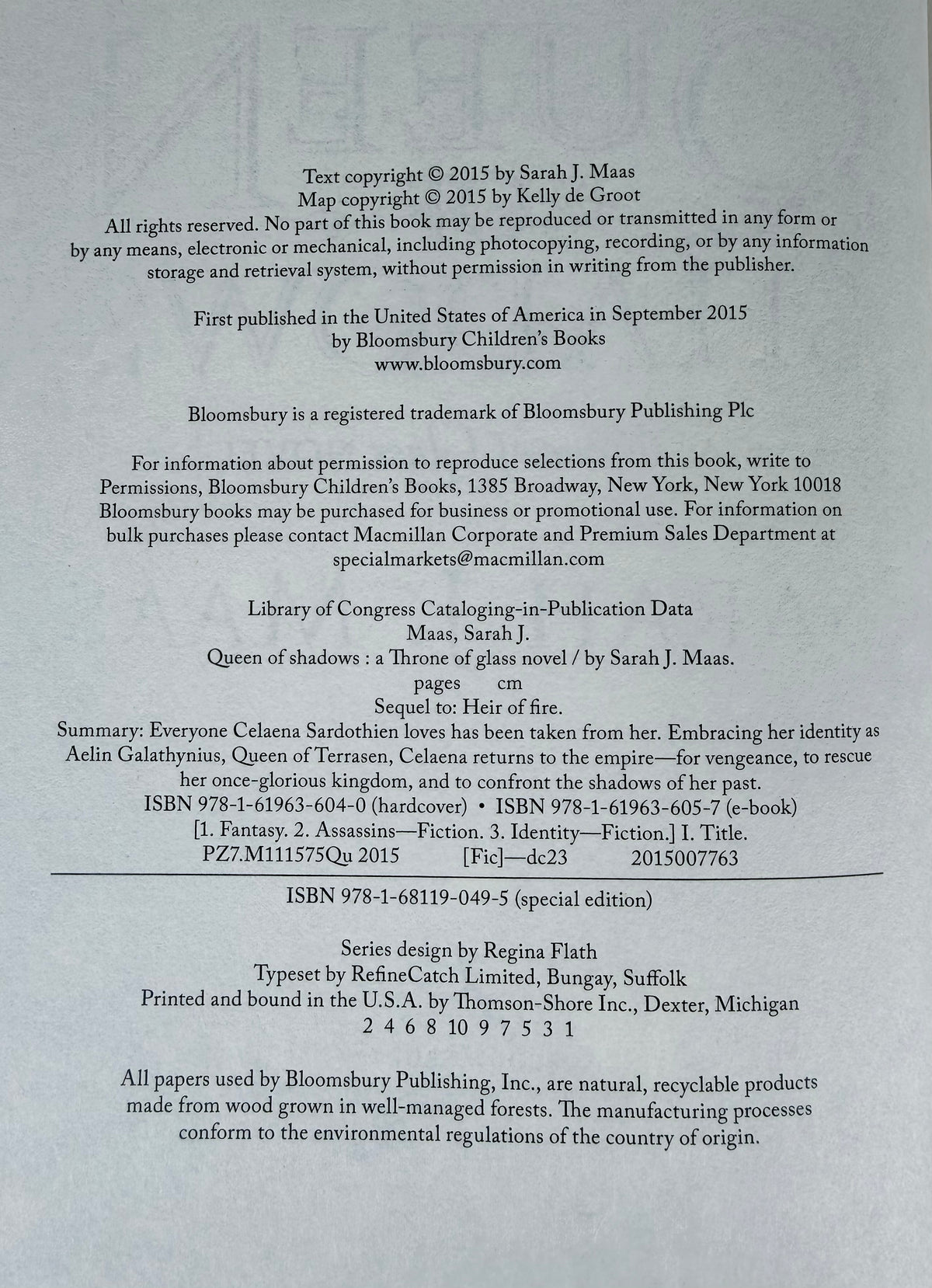 Queen of Shadows first U.S. edition first-printing copyright page