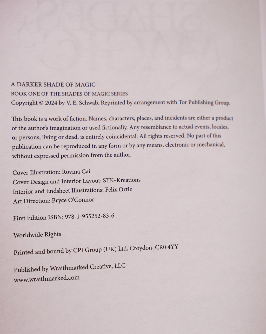 Wraithmarked A Darker Shade of Magic copyright page showing edition information, illustration credits and ISBN 9781955252836