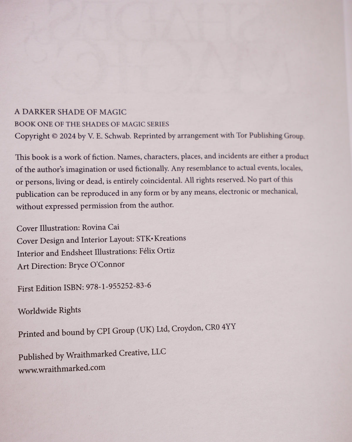 Wraithmarked A Darker Shade of Magic copyright page showing edition information, illustration credits and ISBN 9781955252836