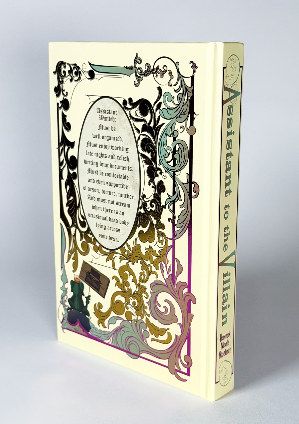 Assistant to the Villain Bookish Box Exclusive Luxe Edition illustrated back cover and spine