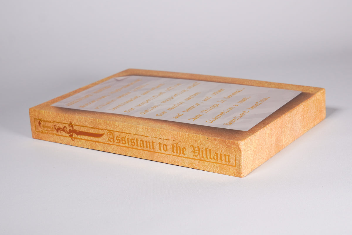 Bottom and side quote panel on the Assistant to the Villain Bookish Box Luxe slipcase