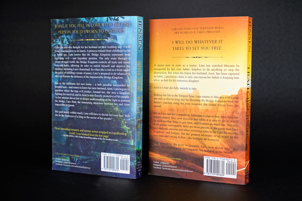 The Bridge Kingdom and The Traitor Queen — original-cover paperback pair: both back covers; actual copy