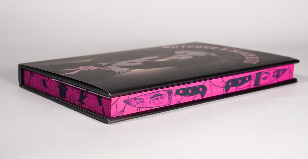 Pink stenciled fore edge on the Butcher and Blackbird Bookish Box edition