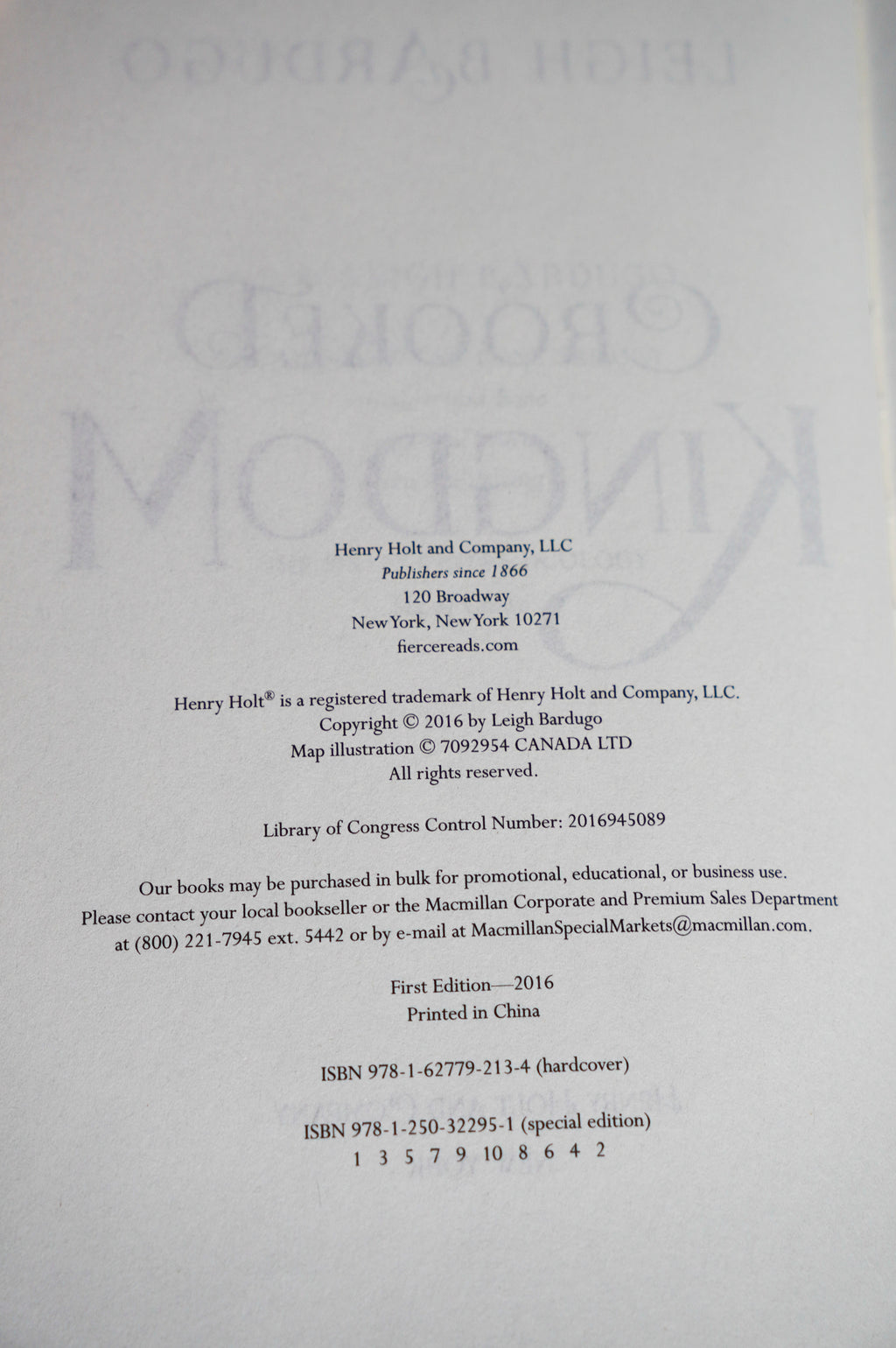 Crooked Kingdom OwlCrate edition copyright page and ISBN