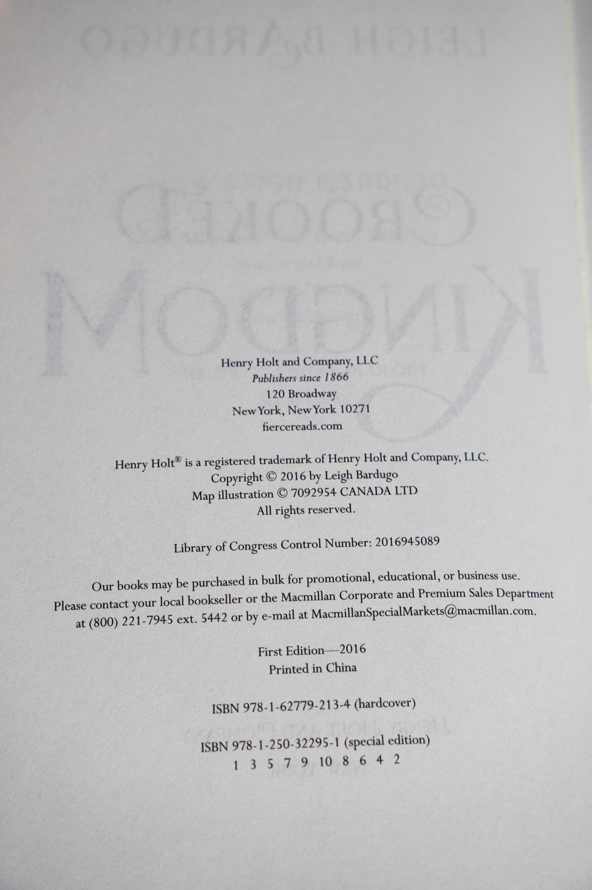 Crooked Kingdom OwlCrate edition copyright page and ISBN