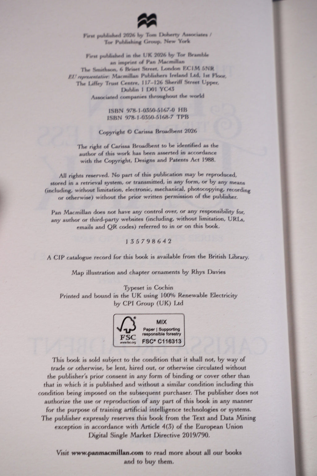 The Lion and the Deathless Dark first-printing copyright page and ISBN
