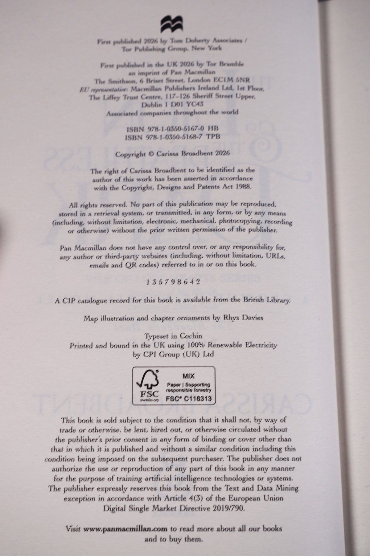 The Lion and the Deathless Dark first-printing copyright page and ISBN