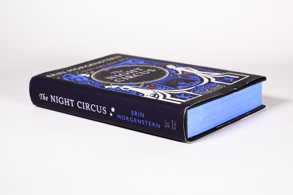 Spine and blue sprayed edges of The Night Circus collectible hardcover