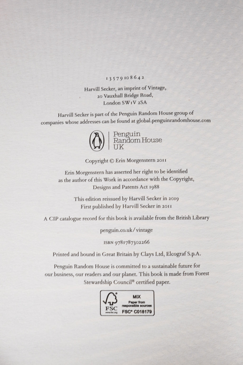 Copyright page confirming the first printing of the 2019 Harvill Secker reissue