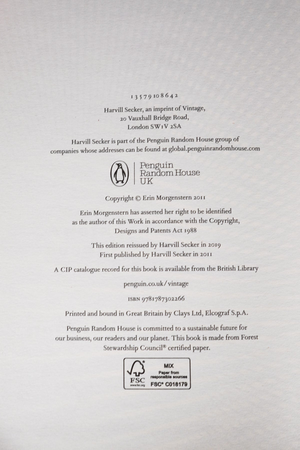 Copyright page confirming the first printing of the 2019 Harvill Secker reissue