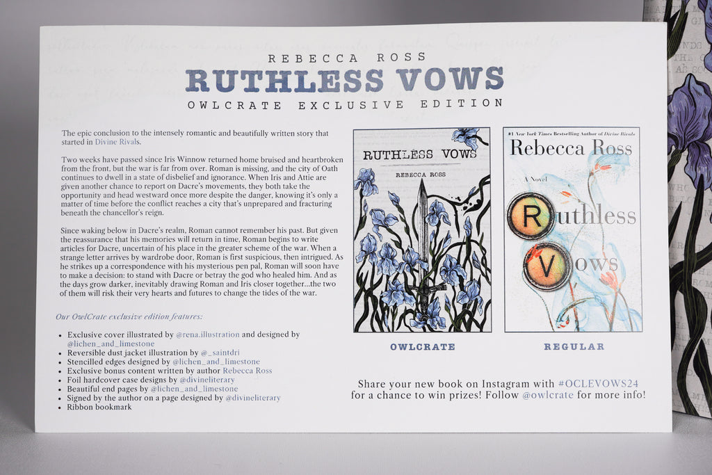 Front of the original OwlCrate Ruthless Vows information card