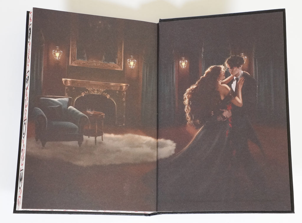 Illustrated endpapers showing two characters beside a fireplace