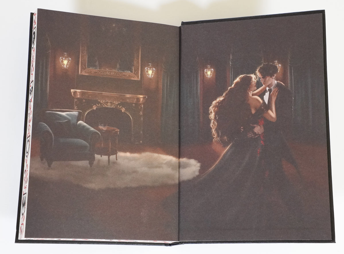 Illustrated endpapers showing two characters beside a fireplace