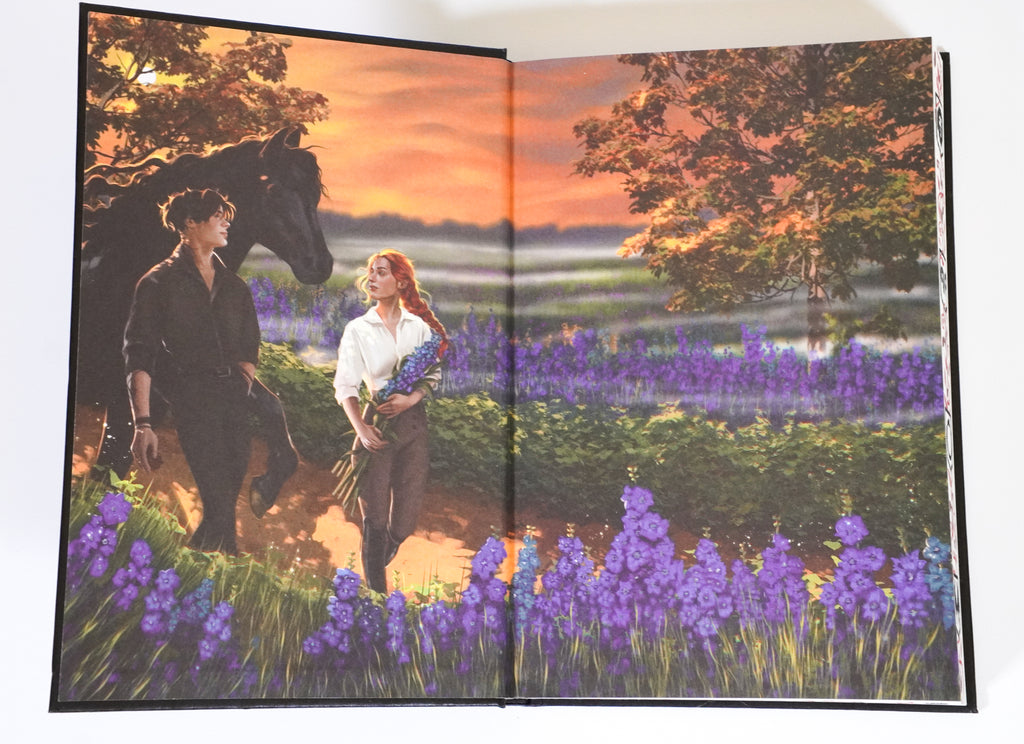 Illustrated endpapers showing two characters and a black horse in a landscape at sunset