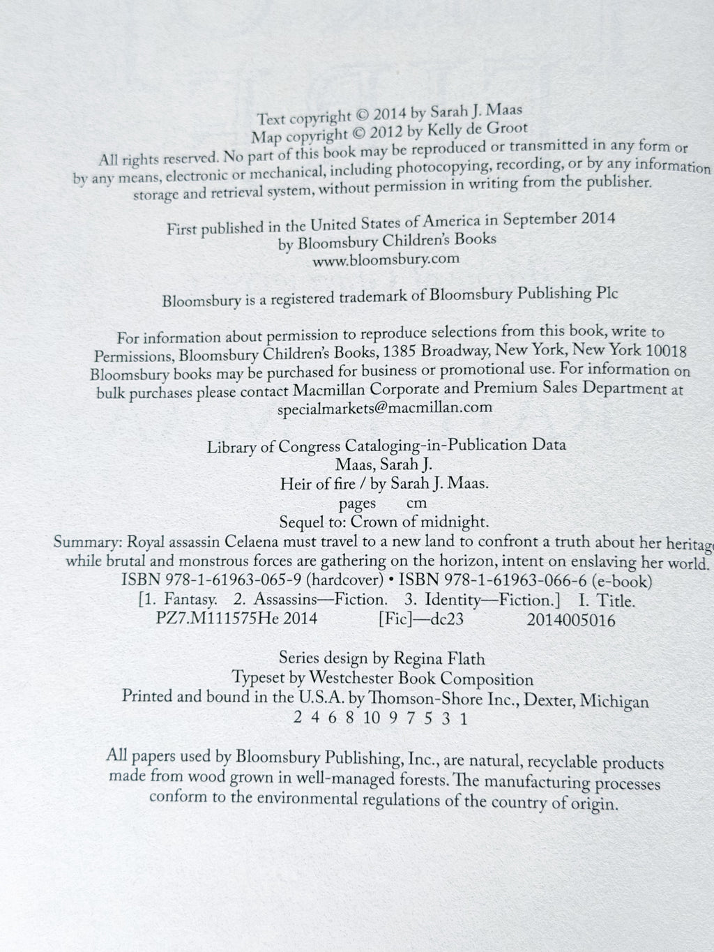 Heir of Fire: U.S. copyright page with complete first-printing number line