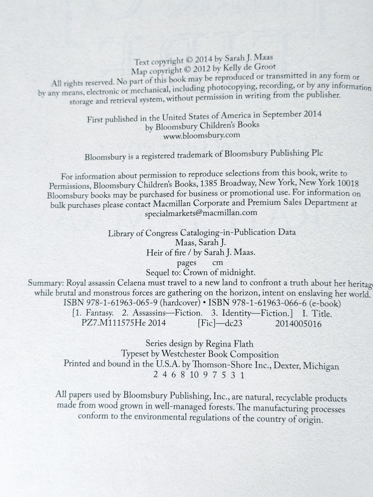Heir of Fire: U.S. copyright page with complete first-printing number line