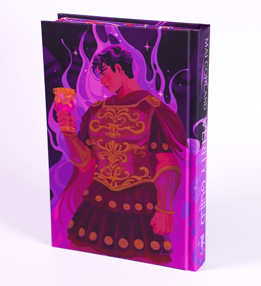 Verity Guild OwlCrate hardcover back and spine without its dust jacket, with purple and gold character artwork