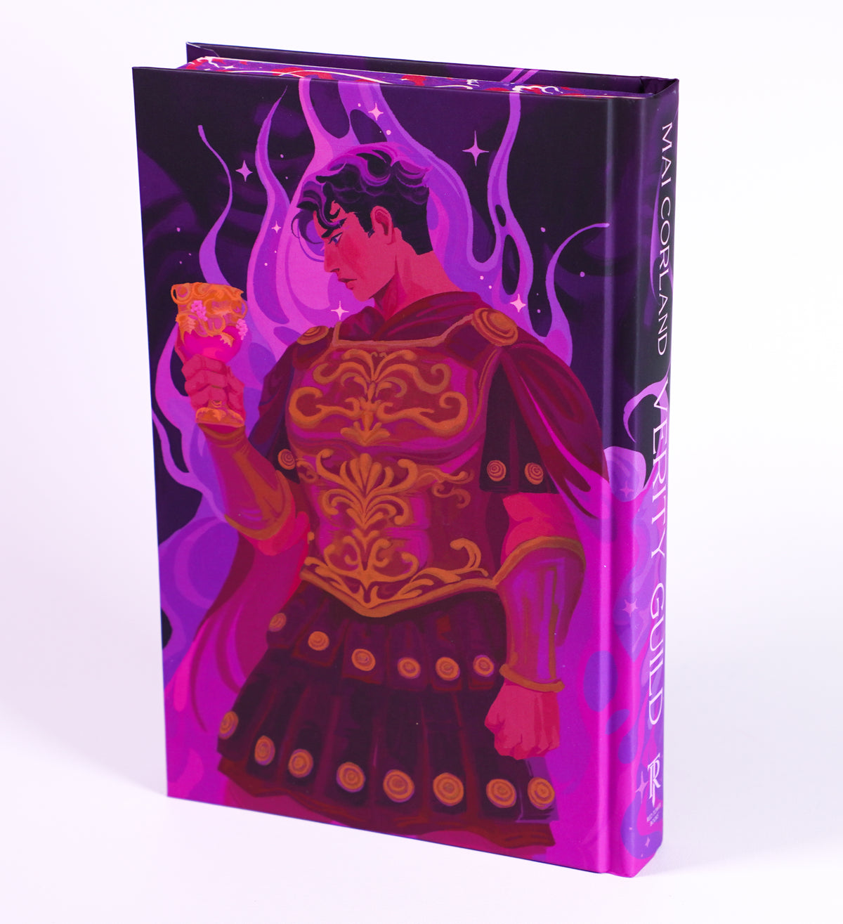Verity Guild OwlCrate hardcover back and spine without its dust jacket, with purple and gold character artwork