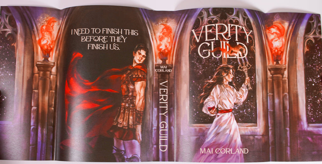 Verity Guild OwlCrate dust jacket artwork laid flat, showing the front, back, spine, and flaps