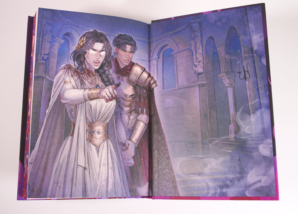 Verity Guild OwlCrate illustrated endpaper spread with two characters in a palace