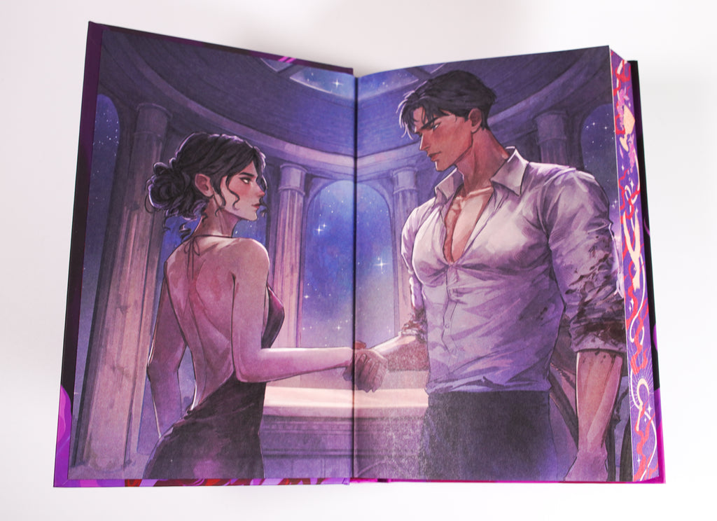 Verity Guild OwlCrate illustrated endpaper spread with a couple holding hands
