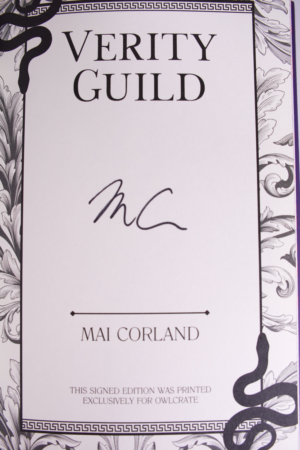 Mai Corland signature on the Verity Guild page identifying this edition as printed exclusively for OwlCrate