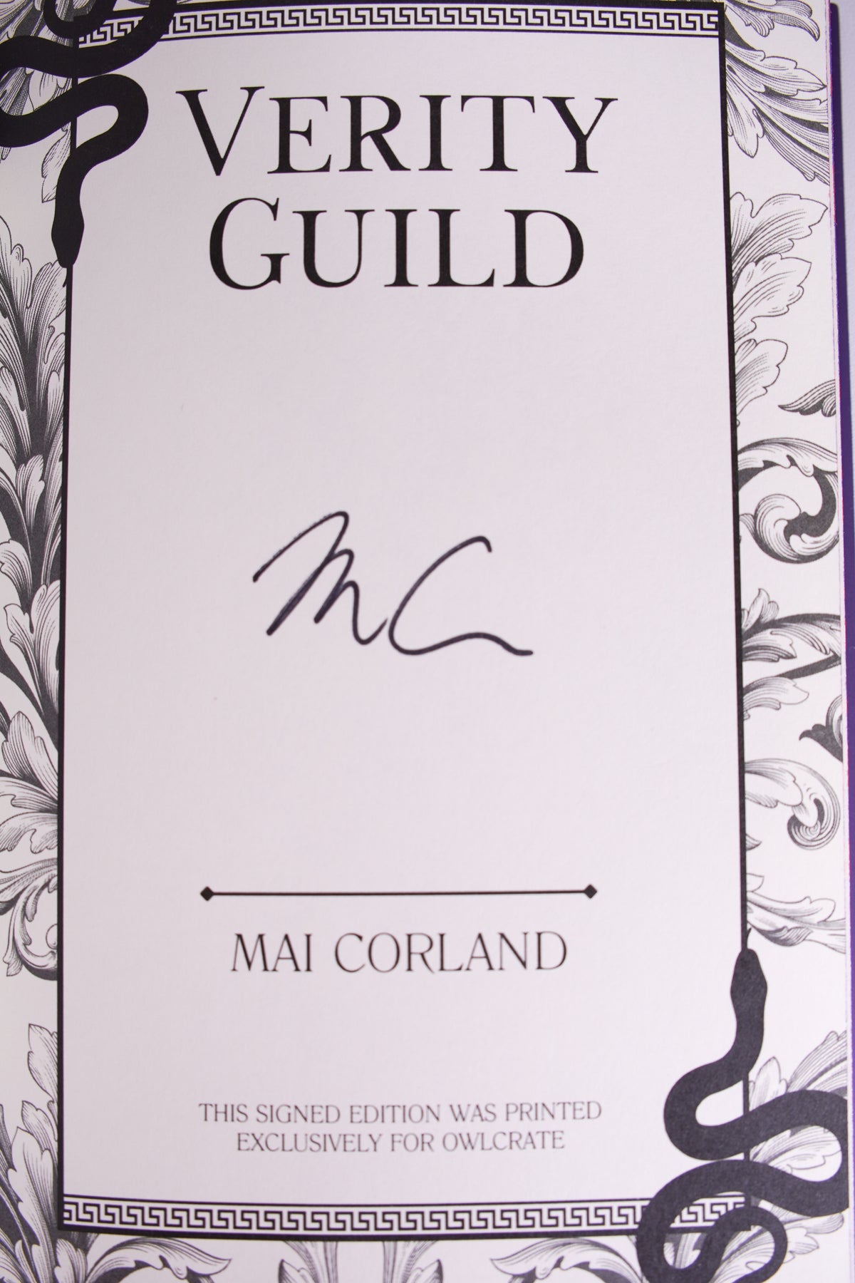 Mai Corland signature on the Verity Guild page identifying this edition as printed exclusively for OwlCrate